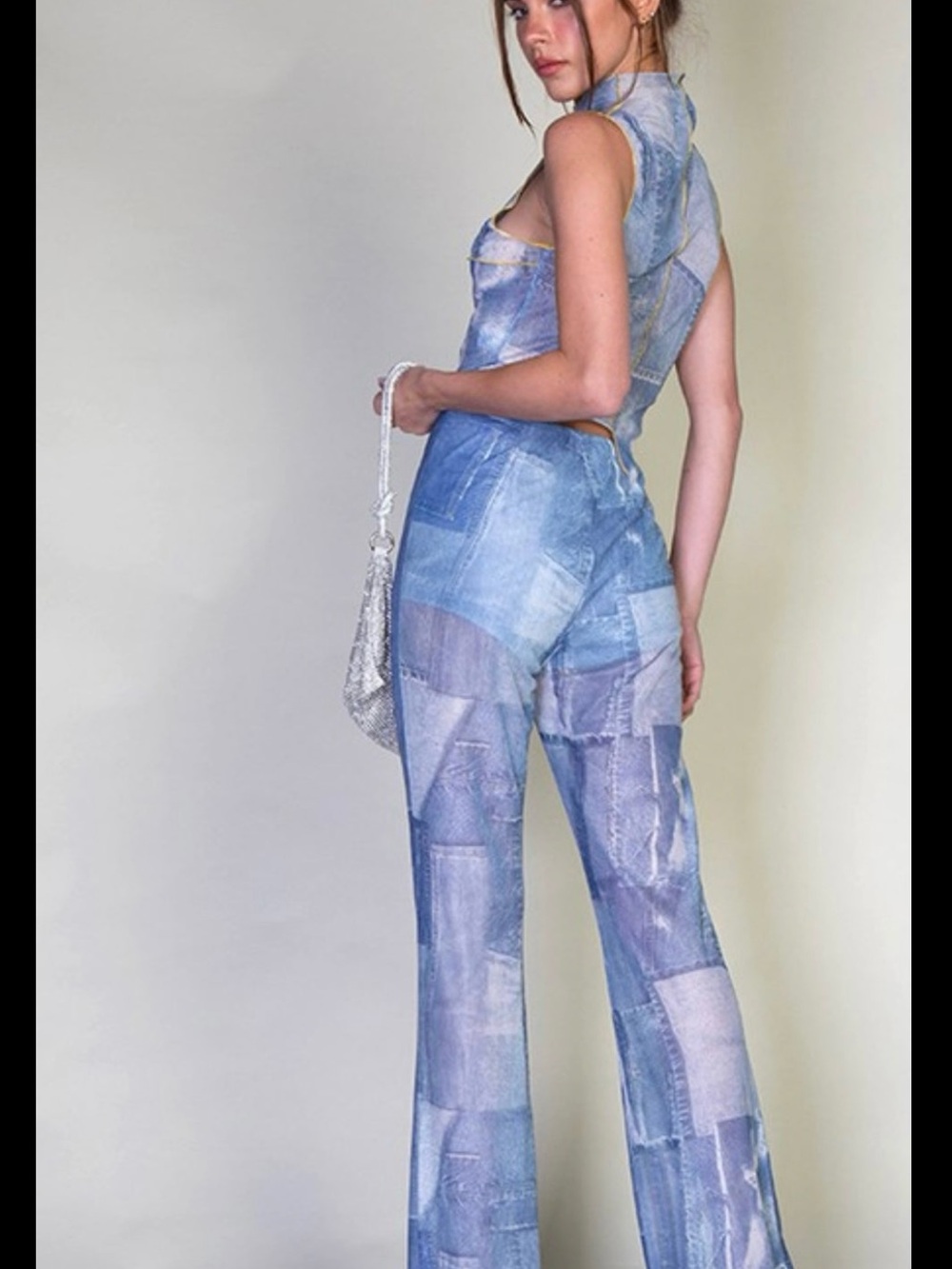 Blue Patchwork-Print High-Rise Flare Jumpsuit